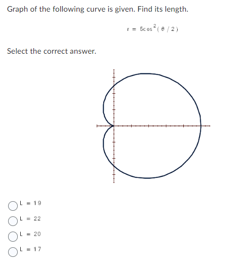 Graph of the following curve is given. Find its length.
5cos² (8/2)
Select the correct answer.
L = 19
L = 22
L = 20
L = 17
r =