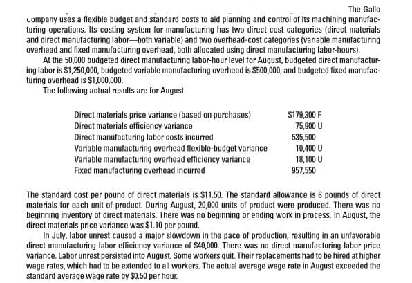 The Gallo
Lompany uses a flexible budget and standard costs to aid planning and control of its machining manufac-
turing operations. Its costing system for manufacturing has two direct-cost categories (direct materials
and direct manufacturing labor-both variable) and two overhead-cost categories (variable manufacturing
overhead and fixed manufacturing overhead, both allocated using direct manufacturing labor-hours).
At the 50,000 budgeted direct manufacturing labor-hour level for August, budgeted direct manufactur-
ing labor is $1,250,000, budgeted variable manufacturing overhead is $500,000, and budgeted fixed manufac-
turing overhead is $1,000,000.
The following actual results are for August:
$179,300 F
75,900 U
535,500
10,400 U
18,100 U
957,550
Direct materials price variance (based on purchases)
Direct materials efficiency variance
Direct manufacturing labor costs incurred
Variable manufacturing overhead flexible-budget variance
Variable manufacturing overhead efficiency variance
Fixed manufacturing overhead incurred
The standard cost per pound of direct materials is $11.50. The standard allowance is 6 pounds of direct
materials for each unit of product. During August, 20,000 units of product were produced. There was no
beginning inventory of direct materials. There was no beginning or ending work in process. In August, the
direct materials price variance was $1.10 per pound.
In July, labor unrest caused a major slowdown in the pace of production, resulting in an unfavorable
direct manufacturing labor efficiency variance of $40,000. There was no direct manufacturing labor price
variance. Labor unrest persisted into August. Some workers quit. Their replacements had to be hired at higher
wage rates, which had to be extended to all workers. The actual average wage rate in August exceeded the
standard average wage rate by $0.50 per hour.
