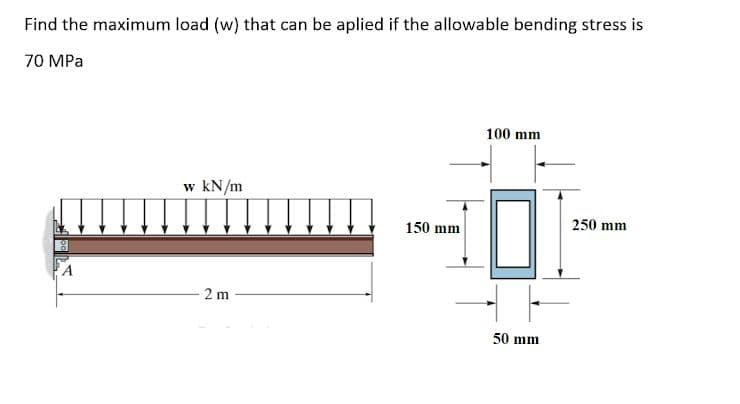 Find the maximum load (w) that can be aplied if the allowable bending stress is
70 MPa
100 mm
w kN/m
150 mm
250 mm
2 m
50 mm
