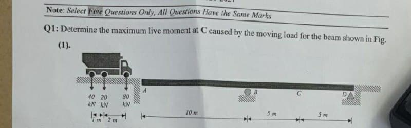 Note: Select Five Questions Only, All Questions Have the Same Marks
Q1: Determine the maximum live moment at C caused by the moving load for the beam shown in Fig.
(1).
B
D.
40 20
kN KN
80
10 m
5 m
5 m
m 2 m
