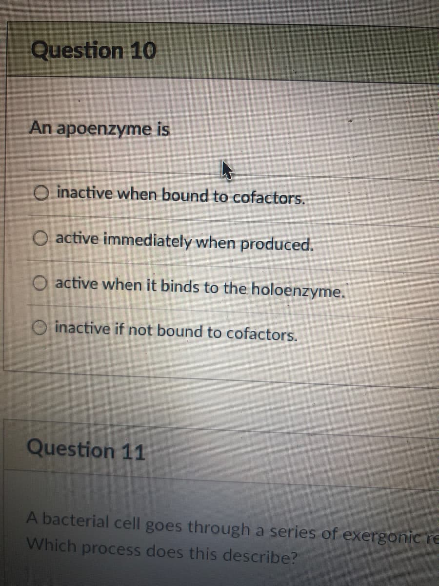 Question 10
An apoenzyme is
O inactive when bound to cofactors.
O active immediately when produced.
active when it binds to the holoenzyme.
inactive if not bound to cofactors.
Question 11
A bacterial cell goes through a series of exergonic re
Which process does this describe?
