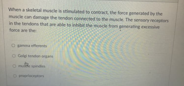 ### Muscle Contraction and Tendon Protection

When a skeletal muscle is stimulated to contract, the force generated by the muscle can potentially damage the tendon that is connected to it. To prevent such damage, there are sensory receptors in the tendons that can inhibit the muscle from generating excessive force. These sensory receptors are known as:

- Gamma efferents
- Golgi tendon organs
- Muscle spindles
- Proprioceptors