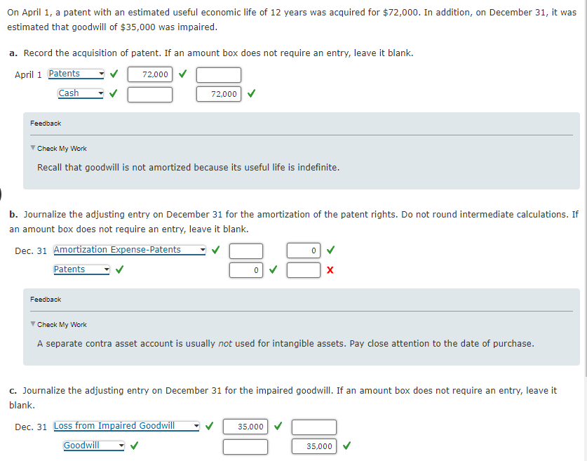 ### Accounting for Intangible Assets and Goodwill

**Economic Scenario:**
On April 1, a patent with an estimated useful economic life of 12 years was acquired for $72,000. Additionally, on December 31, it was estimated that goodwill of $35,000 was impaired.

**Task:**
1. Record the acquisition of the patent.
2. Journalize the adjusting entry on December 31 for the amortization of the patent rights.
3. Journalize the adjusting entry on December 31 for the impaired goodwill.

---

#### a. Recording the Acquisition of Patent

**April 1 Journal Entry:**

- **Debit:** Patents $72,000
- **Credit:** Cash $72,000

This entry records the acquisition of the patent on April 1.

**Feedback:**
Recall that goodwill is not amortized because its useful life is indefinite.

---

#### b. Adjusting Entry for Amortization of Patent Rights

**December 31 Journal Entry:**

- **Debit:** Amortization Expense-Patents $0
- **Credit:** Patents $0

This entry is supposed to record the amortization expense incurred for the patent rights up to December 31. However, the correct amortization value has not been provided here. Usually, amortization is calculated by dividing the patent value by its useful life. 

**Feedback:**
A separate contra asset account is usually not used for intangible assets. Pay close attention to the date of purchase.

---

#### c. Adjusting Entry for Impaired Goodwill

**December 31 Journal Entry:**

- **Debit:** Loss from Impaired Goodwill $35,000
- **Credit:** Goodwill $35,000

This entry records the impairment loss on goodwill as of December 31, reflecting the reduction in its value.

**Feedback:**
This entry correctly reflects the loss due to goodwill impairment.

---

### Summary
The above entries provide a guide on how to record the acquisition and subsequent adjustments for patents and goodwill within a given fiscal period.

- **Key Takeaway:** 
   - Goodwill is not amortized due to its indefinite useful life.
   - Amortization for other intangible assets like patents should be calculated and recorded periodically.
   - Impairment of goodwill should be recorded when its carrying value exceeds its fair value.

These practices ensure that the financial statements accurately reflect the values of intangible assets.