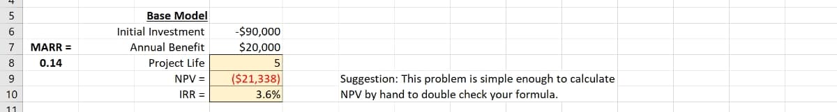 5
Base Model
6
Initial Investment
-$90,000
7
MARR =
Annual Benefit
$20,000
8
0.14
Project Life
5
($21,338)
3.6%
Suggestion: This problem is simple enough to calculate
NPV by hand to double check your formula.
NPV =
10
IRR =
11
