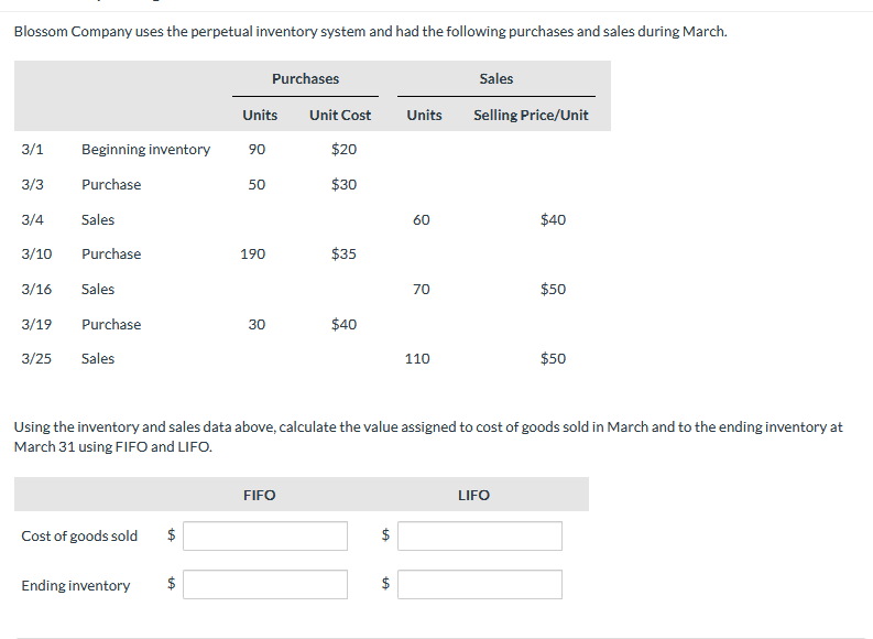 Blossom Company uses the perpetual inventory system and had the following purchases and sales during March.
Purchases
Sales
Units
Unit Cost
Units
Selling Price/Unit
3/1
Beginning inventory
90
$20
3/3
Purchase
50
$30
3/4
Sales
60
$40
3/10
Purchase
190
$35
3/16
Sales
70
$50
3/19
Purchase
30
$40
3/25
Sales
110
$50
Using the inventory and sales data above, calculate the value assigned to cost of goods sold in March and to the ending inventory at
March 31 using FIFO and LIFO.
FIFO
LIFO
Cost of goods sold
$
Ending inventory
$
%24
%24

