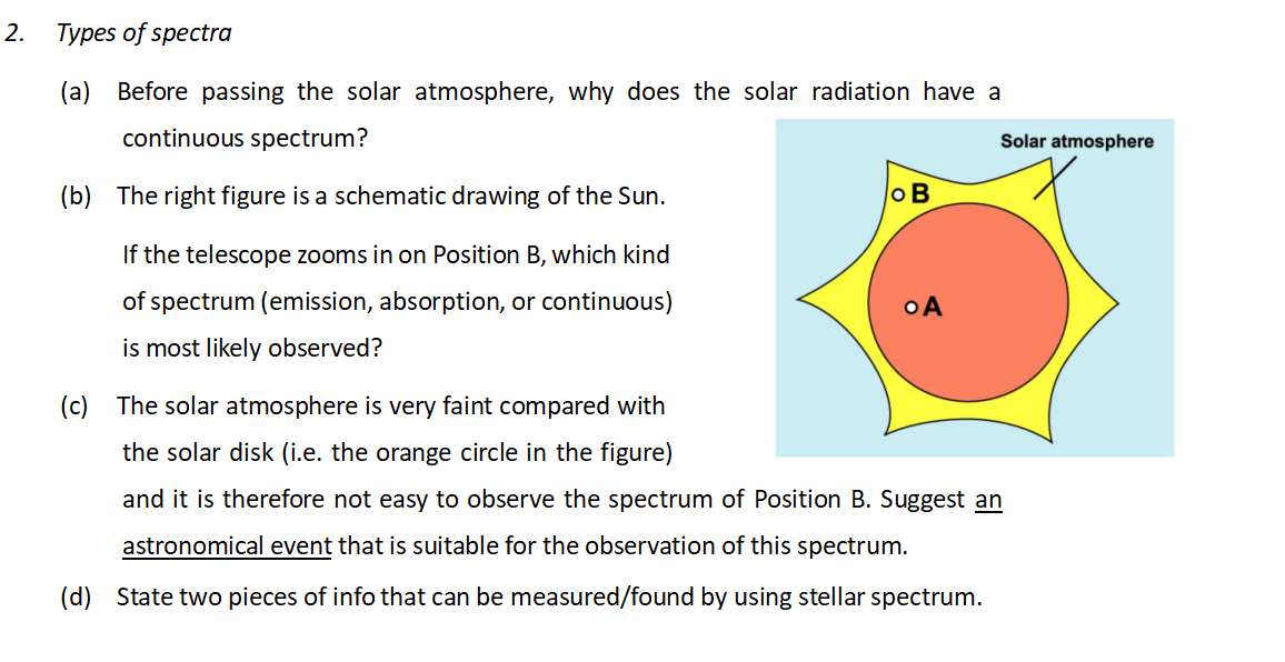 2.
Турes of spectra
(a)
Before passing the solar atmosphere, why does the solar radiation have a
continuous spectrum?
Solar atmosphere
(b) The right figure is a schematic drawing of the Sun.
o B
If the telescope zooms in on Position B, which kind
of spectrum (emission, absorption, or continuous)
o A
is most likely observed?
(c) The solar atmosphere is very faint compared with
the solar disk (i.e. the orange circle in the figure)
and it is therefore not easy to observe the spectrum of Position B. Suggest an
astronomical event that is suitable for the observation of this spectrum.
(d) State two pieces of info that can be measured/found by using stellar spectrum.
