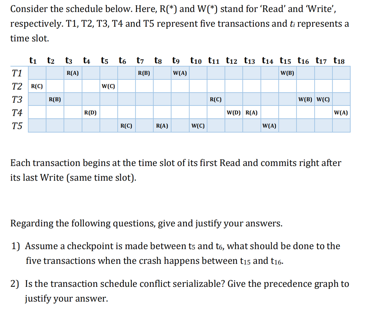 Consider the schedule below. Here, R(*) and W(*) stand for 'Read' and Write’,
respectively. T1, T2, T3, T4 and T5 represent five transactions and ti represents a
time slot.
ti t2 t3 t4
t5 t6
t7
t8 t9 t10 t11 t12 t13 t14 t15 t16 ti17 t18
T1
R(A)
R(B)
W(A)
W(B)
T2 R(C)
W(C)
T3
R(B)
R(C)
W(B) W(C)
T4
R(D)
W(D) R(A)
W(A)
T5
R(C)
R(A)
W(C)
W(A)
Each transaction begins at the time slot of its first Read and commits right after
its last Write (same time slot).
Regarding the following questions, give and justify your answers.
1) Assume a checkpoint is made between ts and t6, what should be done to the
five transactions when the crash happens between t15 and t16.
2) Is the transaction schedule conflict serializable? Give the precedence graph to
justify your answer.
