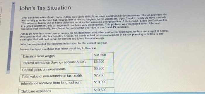 John's Tax Situation
Ever since his wife's death, John Dutton has faced dillicult personal and financial circumstances His job provides him
with a fairly good income but requires him to hire a caregiver for his daughters, ages 3 and 5, nearly 20 days a month
This requires him to use in home childcare services that consume a large portion of his income. Since the Duttons ive
in a small apartment, this arrangement has been very inconvenient. This problem was magnified when John was
forced to work remotely, from home, for most of the year due to the Covid-19 pandemic
Although John has saved some money for his daughters' education and for his retirement, he has not sought to select
investments that offer tax benefits. Overal, he needs to look at several aspects of his tax-planning activities to find
strategies that will best serve his curent and future financial needs
John has assembled the following information for the current tax year
Answer the three questions that follow pertaining to this case.
$94,500
Earnings from wages
$3,200
Interest earned on Savings account & GIC
$3,800
Capital gains on investments
Total value of non-refundable tax credits
$2,750
Inheritance received from long-lost aunt
$10,000
Childcare expenses
$19,600
