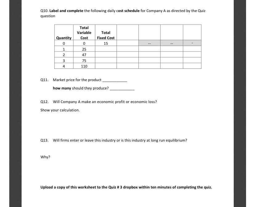 Q10. Label and complete the following daily cost schedule for Company A as directed by the Quiz
question
Total
Variable
Total
Quantity
Cost
Fixed Cost
15
25
2
47
3
75
110
Q11. Market price for the product
how many should they produce?
Q12. Will Company A make an economic profit or economic loss?
Show your calculation.
Q13.
Will firms enter or leave this industry or is this industry at long run equilibrium?
Why?
Upload a copy of this worksheet to the Quiz # 3 dropbox within ten minutes of completing the quiz.
