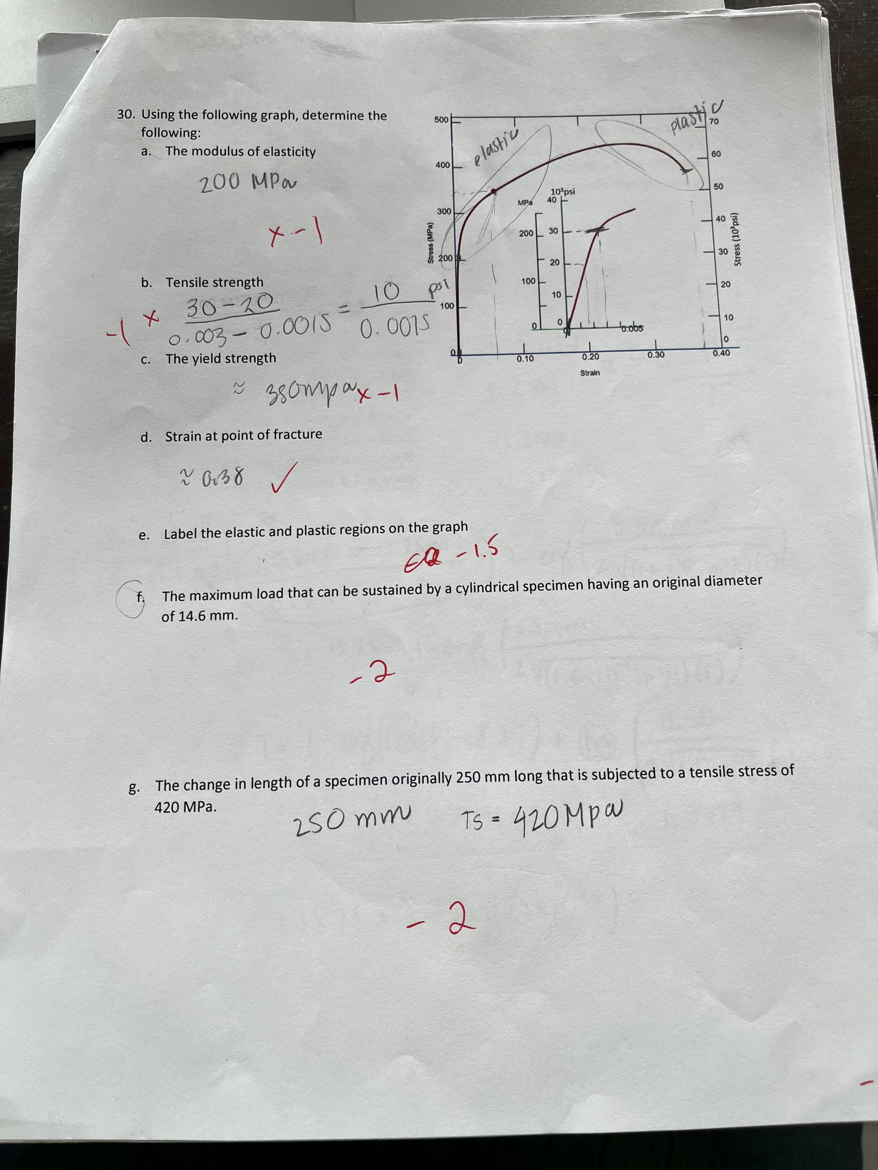 Stress (10°psi)
10
50
40
20
30
20
10
Stress (MPa)
30. Using the following graph, determine the
following:
a. The modulus of elasticity
500
200 MPa
elastic
000
09
10 psi
MPa
1-x
b. Tensile strength
00,
30-20
0.003-0.001S
c. The yield strength
00 0
0. 0015
0.10
0.20
0.30
0.40
Strain
d. Strain at point of fracture
e. Label the elastic and plastic regions on the graph
Ell-1.5
The maximum load that can be sustained by a cylindrical specimen having an original diameter
of 14.6 mm.
g. The change in length of a specimen originally 250 mm long that is subjected to a tensile stress of
420 MPa.
Ts =420Mpa
%3D
