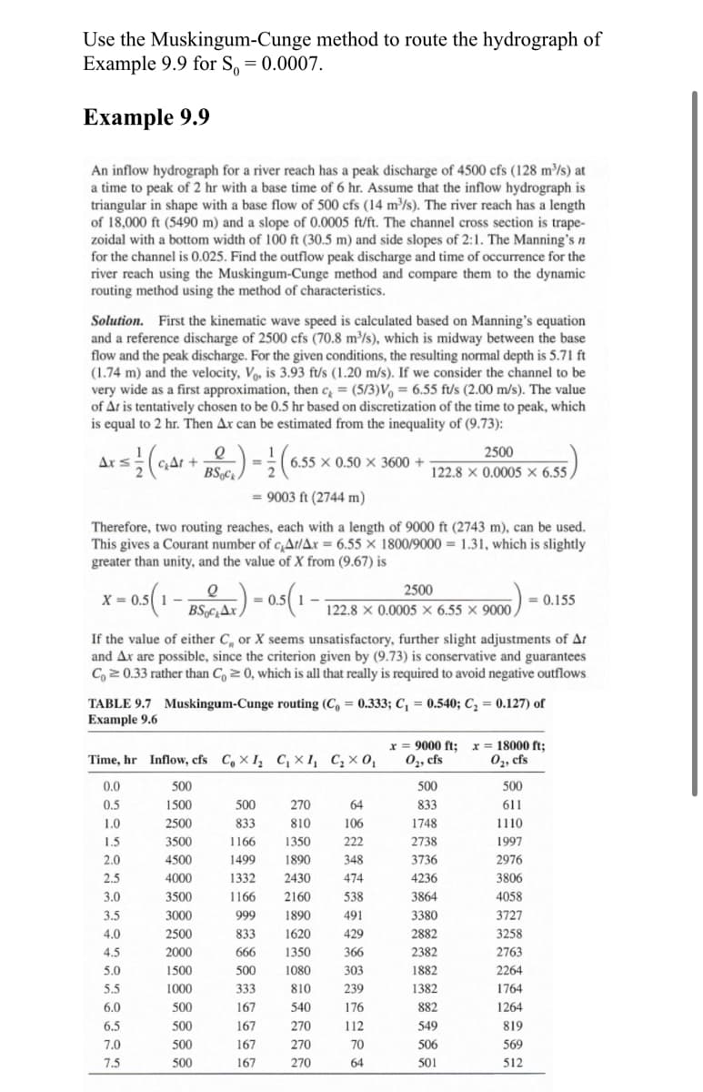 Use the Muskingum-Cunge method to route the hydrograph of
Example 9.9 for S = 0.0007.
Example 9.9
An inflow hydrograph for a river reach has a peak discharge of 4500 cfs (128 m³/s) at
a time to peak of 2 hr with a base time of 6 hr. Assume that the inflow hydrograph is
triangular in shape with a base flow of 500 cfs (14 m³/s). The river reach has a length
of 18,000 ft (5490 m) and a slope of 0.0005 ft/ft. The channel cross section is trape-
zoidal with a bottom width of 100 ft (30.5 m) and side slopes of 2:1. The Manning's n
for the channel is 0.025. Find the outflow peak discharge and time of occurrence for the
river reach using the Muskingum-Cunge method and compare them to the dynamic
routing method using the method of characteristics.
Solution. First the kinematic wave speed is calculated based on Manning's equation
and a reference discharge of 2500 cfs (70.8 m³/s), which is midway between the base
flow and the peak discharge. For the given conditions, the resulting normal depth is 5.71 ft
(1.74 m) and the velocity, V, is 3.93 ft/s (1.20 m/s). If we consider the channel to be
very wide as a first approximation, then c = (5/3)Vo = 6.55 ft/s (2.00 m/s). The value
of At is tentatively chosen to be 0.5 hr based on discretization of the time to peak, which
is equal to 2 hr. Then Ax can be estimated from the inequality of (9.73):
Ax = 1/ (GAT + B) = 1 (6.55
x=0.5(1
Therefore, two routing reaches, each with a length of 9000 ft (2743 m), can be used.
This gives a Courant number of cAt/Ax = 6.55 x 1800/9000 = 1.31, which is slightly
greater than unity, and the value of X from (9.67) is
BSociAx) = 0,5(1.
If the value of either C, or X seems unsatisfactory, further slight adjustments of At
and Ax are possible, since the criterion given by (9.73) is conservative and guarantees
Co≥ 0.33 rather than Co≥ 0, which is all that really is required to avoid negative outflows.
3.0
3.5
4.0
4.5
5.0
1-
5.5
6.0
6.5
7.0
7.5
6.55 x 0.50 x 3600 +
= 9003 ft (2744 m)
Time, hr Inflow, cfs Co XI₂ C₁ X 1₁ C₂x0₁
0.0
0.5
1.0
1.5
2.0
2.5
TABLE 9.7 Muskingum-Cunge routing (C₁ = 0.333; C₁ = 0.540; C₂ = 0.127) of
Example 9.6
500
1500
2500
3500
4500
4000
3500
3000
2500
2000
1500
1000
500
500
500
500
500
833
1166
270
810
1350
1499
1890
1332 2430
1166
2160
999
1890
833 1620
666
1350
500
1080
333
810
167
540
167
270
167
270
167
270
2500
122.8 x 0.0005 X 6.55 x 9000/
64
106
222
348
474
2500
122.8 x 0.0005 × 6.55
538
491
429
366
303
239
176
112
70
64
x = 9000 ft; x = 18000 ft;
0₂, cfs
0₂, cfs
500
833
1748
2738
3736
4236
3864
3380
2882
2382
1882
1382
882
549
506
501
500
611
1110
1997
2976
3806
4058
3727
= 0.155
3258
2763
2264
1764
1264
819
569
512