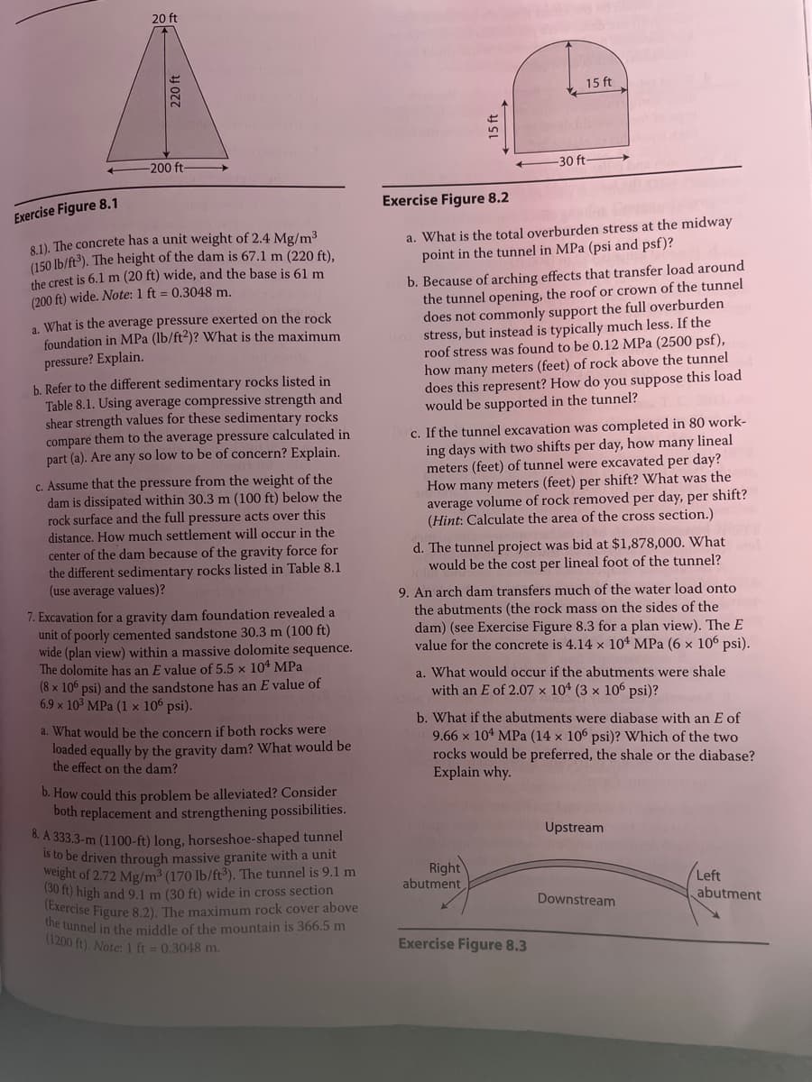 20 ft
220 ft
-200 ft-
Exercise Figure 8.1
8.1). The concrete has a unit weight of 2.4 Mg/m³
(150 lb/ft³). The height of the dam is 67.1 m (220 ft),
the crest is 6.1 m (20 ft) wide, and the base is 61 m
(200 ft) wide. Note: 1 ft = 0.3048 m.
a. What is the average pressure exerted on the rock
foundation in MPa (lb/ft2)? What is the maximum
pressure? Explain.
b. Refer to the different sedimentary rocks listed in
Table 8.1. Using average compressive strength and
shear strength values for these sedimentary rocks
compare them to the average pressure calculated in
part (a). Are any so low to be of concern? Explain.
c. Assume that the pressure from the weight of the
dam is dissipated within 30.3 m (100 ft) below the
rock surface and the full pressure acts over this
distance. How much settlement will occur in the
center of the dam because of the gravity force for
the different sedimentary rocks listed in Table 8.1
(use average values)?
7. Excavation for a gravity dam foundation revealed a
unit of poorly cemented sandstone 30.3 m (100 ft)
wide (plan view) within a massive dolomite sequence.
The dolomite has an E value of 5.5 x 104 MPa
(8 x 106 psi) and the sandstone has an E value of
6.9 x 10³ MPa (1 x 106 psi).
a. What would be the concern if both rocks were
loaded equally by the gravity dam? What would be
the effect on the dam?
b. How could this problem be alleviated? Consider
both replacement and strengthening possibilities.
8. A 333.3-m (1100-ft) long, horseshoe-shaped tunnel
is to be driven through massive granite with a unit
weight of 2.72 Mg/m³ (170 lb/ft3). The tunnel is 9.1 m
(30 ft) high and 9.1 m (30 ft) wide in cross section
(Exercise Figure 8.2). The maximum rock cover above
the tunnel in the middle of the mountain is 366.5 m
(1200 ft). Note: 1 ft = 0.3048 m.
15 ft
-30 ft-
Exercise Figure 8.2
a. What is the total overburden stress at the midway
point in the tunnel in MPa (psi and psf)?
b. Because of arching effects that transfer load around
the tunnel opening, the roof or crown of the tunnel
does not commonly support the full overburden
stress, but instead is typically much less. If the
roof stress was found to be 0.12 MPa (2500 psf),
how many meters (feet) of rock above the tunnel
does this represent? How do you suppose this load
would be supported in the tunnel?
ant to s
c. If the tunnel excavation was completed in 80 work-
ing days with two shifts per day, how many lineal
meters (feet) of tunnel were excavated per day?
How many meters (feet) per shift? What was the
average volume of rock removed per day, per shift?
(Hint: Calculate the area of the cross section.)
As
d. The tunnel project was bid at $1,878,000. What
would be the cost per lineal foot of the tunnel?
Right
abutment
9. An arch dam transfers much of the water load onto
the abutments (the rock mass on the sides of the
dam) (see Exercise Figure 8.3 for a plan view). The E
value for the concrete is 4.14 x 104 MPa (6 x 106 psi).
Exercise Figure 8.3
a. What would occur if the abutments were shale
with an E of 2.07 x 104 (3 x 106 psi)?
b. What if the abutments were diabase with an E of
9.66 x 104 MPa (14 x 106 psi)? Which of the two
rocks would be preferred, the shale or the diabase?
Explain why.
Upstream
Downstream
/Left
abutment