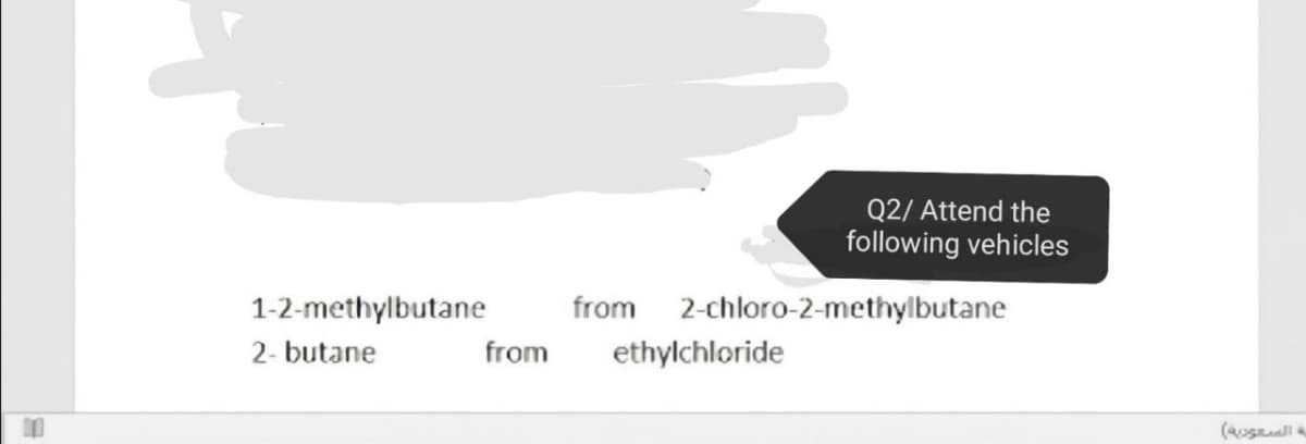 Q2/ Attend the
following vehicles
1-2-methylbutane
from 2-chloro-2-methylbutane
2- butane
from
ethylchloride
(sall
