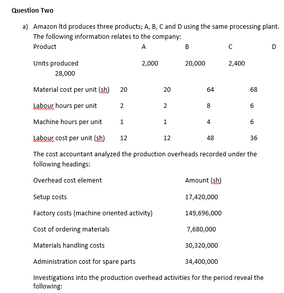 Question Two
a) Amazon Itd produces three products; A, B, C and D using the same processing plant.
The following information relates to the company:
Product
A
B
D
Units produced
2,000
20,000
2,400
28,000
Material cost per unit (sh)
20
20
64
68
Labour hours per unit
2.
8.
Machine hours per unit
1
Labour cost per unit (sh)
12
12
48
36
The cost accountant analyzed the production overheads recorded under the
following headings:
Overhead cost element
Amount (sh)
Setup costs
17,420,000
Factory costs (machine oriented activity)
149,696,000
Cost of ordering materials
7,680,000
Materials handling costs
30,320,000
Administration cost for spare parts
34,400,000
Investigations into the production overhead activities for the period reveal the
following:
