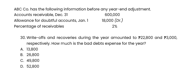 ABC Co. has the following information before any year-end adjustment.
Accounts receivable, Dec. 31
600,000
Allowance for doubtful accounts, Jan. 1
18,000 (Dr.)
2%
Percentage of receivables
30. Write-offs and recoveries during the year amounted to P22,800 and $3,000,
respectively. How much is the bad debts expense for the year?
A. 13,800
B. 26,800
C. 49,800
D. 52,800