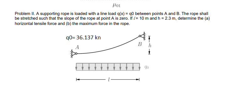 Hoi
Problem II. A supporting rope is loaded with a line load q(x) = q0 between points A and B. The rope shall
be stretched such that the slope of the rope at point A is zero. If (= 10 m and h = 2.3 m, determine the (a)
horizontal tensile force and (b) the maximum force in the rope.
q0= 36.137 kn
B
