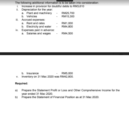 The following additional information is to be taken into consideration:
i. Increase in provision for doubtful debts to RM3,610
il. Depreciation for the year:
a. Plant and machinery
RM25,700
RM15,300
b. Vehicles
i. Accrued expenses:
a. Rent and rates
b. Electricity and water
iv. Expenses paid in advance:
a. Salaries and wages
RM1,000
RM4,800
RM4,500
b. Insurance
v. Inventory on 31 Mac 2020 was RM42,800.
RM5,000
Required:
a) Prepare the Statement Profit or Loss and Other Comprehensive Income for the
year ended 31 Mac 2020.
b) Prepare the Statement of Financial Position as at 31 Mac 2020.
