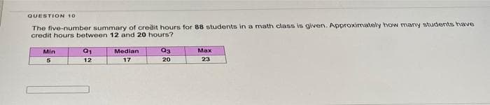 QUESTION 10
The five-number summary of credit hours for 88 students in a math class is given. Approximately how many students have
credit hours between 12 and 20 hours?
Min
Median
Q3
Max
12
17
20
23
