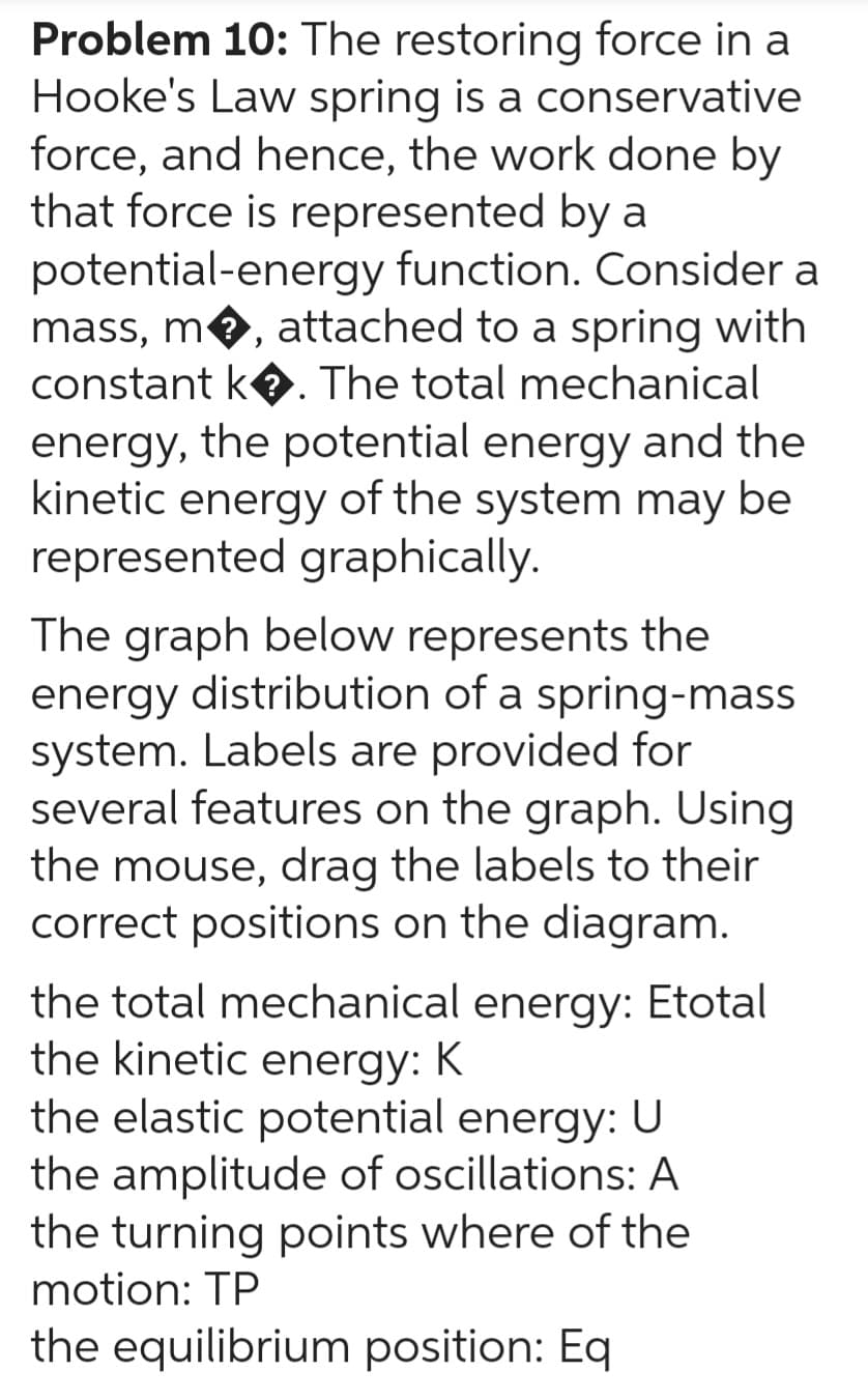 Problem 10: The restoring force in a
Hooke's Law spring is a conservative
force, and hence, the work done by
that force is represented by a
potential-energy function. Consider a
mass, m◆, attached to a spring with
constant k◆. The total mechanical
energy, the potential energy and the
kinetic energy of the system may be
represented graphically.
The graph below represents the
energy distribution of a spring-mass
system. Labels are provided for
several features on the graph. Using
the mouse, drag the labels to their
correct positions on the diagram.
the total mechanical energy: Etotal
the kinetic energy: K
the elastic potential energy: U
the amplitude of oscillations: A
the turning points where of the
motion: TP
the equilibrium position: Eq