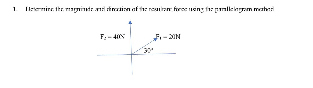 1.
Determine the magnitude and direction of the resultant force using the parallelogram method.
F2 = 40N
F1 = 20N
30°
