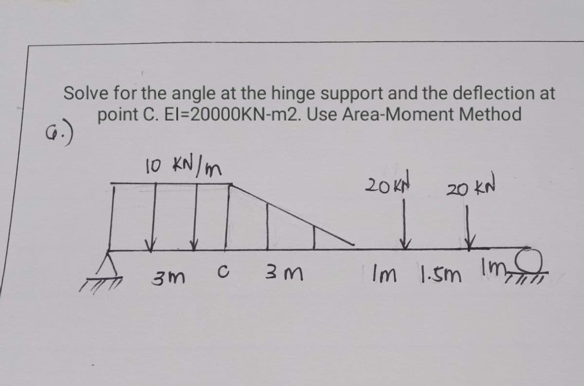 G.)
Solve for the angle at the hinge support and the deflection at
point C. El=20000KN-m2. Use Area-Moment Method
10 KN /m
20kN
20 kN
C
Im 1-5m Im
