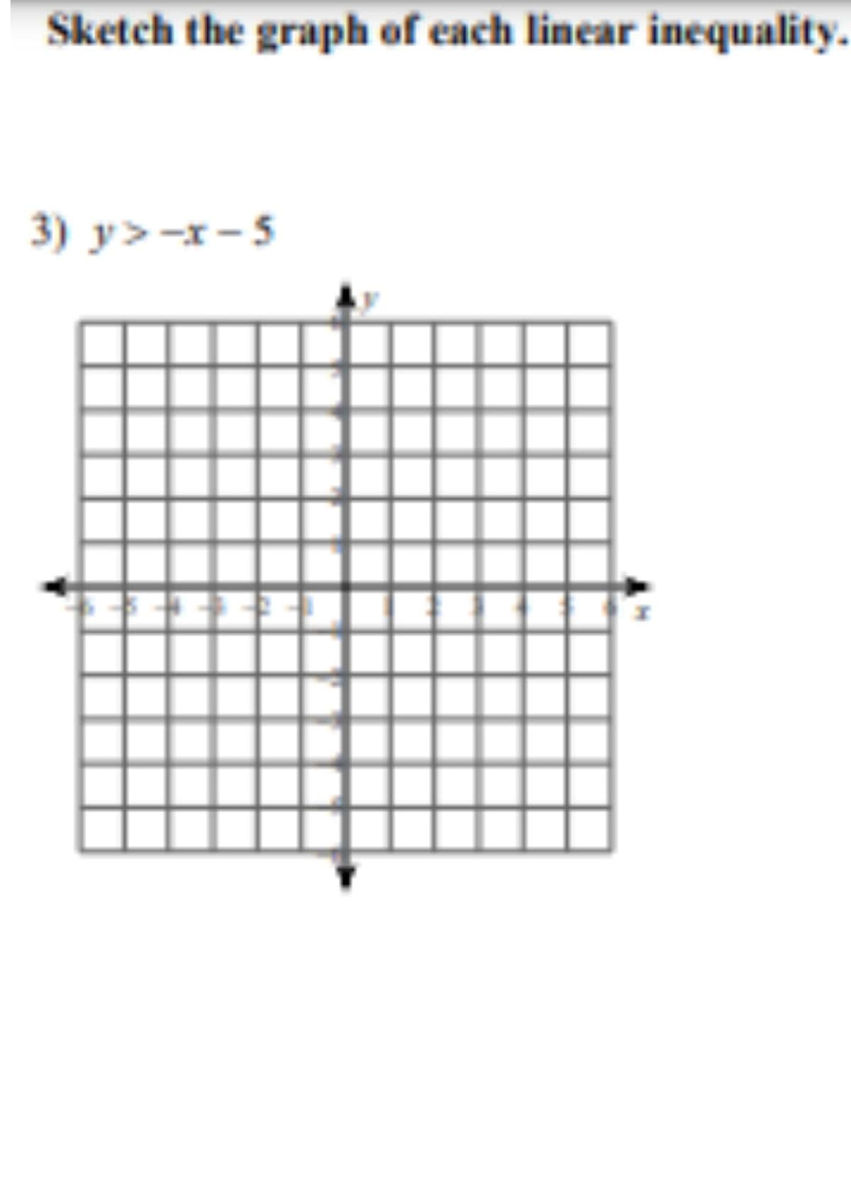 Sketch the graph of each linear inequality.
3) y>-x- 5
