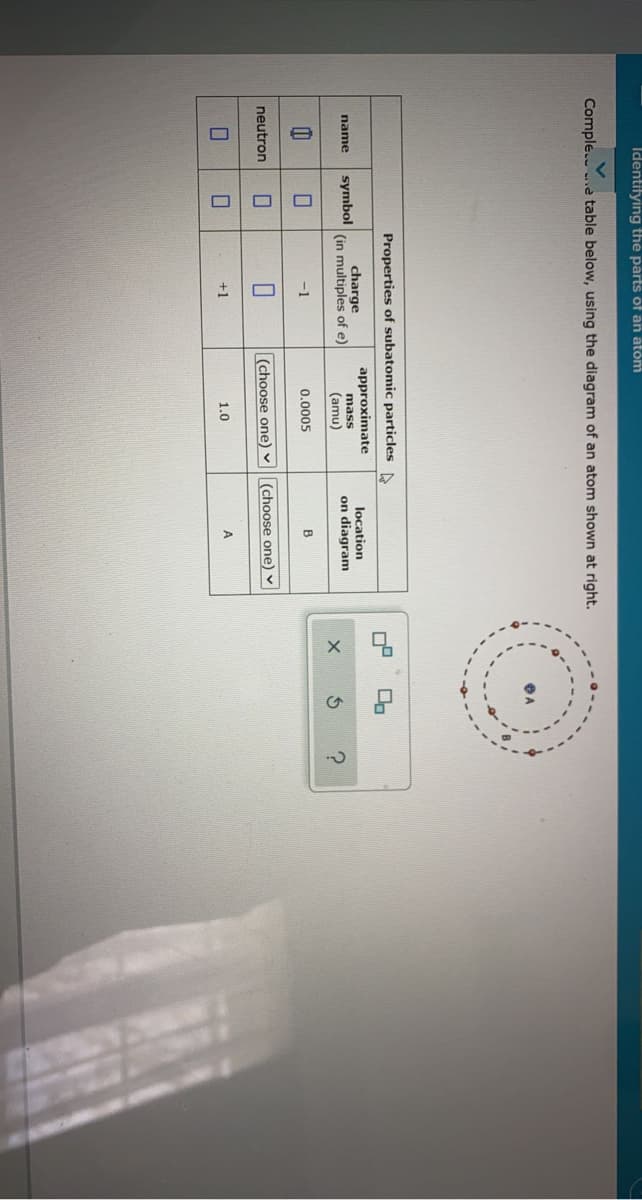 Identitying the parts of an atom
Comple....e table below, using the diagram of an atom shown at right.
Properties of subatomic particles N
approximate
charge
(in multiples of e)
location
on diagram
name
symbol
mass
(amu)
-1
0.0005
B
neutron
(choose one) v
(choose one) v
+1
1.0
A
