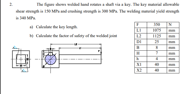 2.
The figure shows welded hand rotates a shaft via a key. The key material allowable
shear strength is 150 MPa and crushing strength is 300 MPa. The welding material yield strength
is 340 MPa.
F
350
N
a) Calculate the key length.
|L1
1075
mm
b) Calculate the factor of safety of the welded joint
L2
1125
mm
D1
25
mm
L2
B
8
mm
F
H
7
mm
h
4
mm
X1
40
mm
X2
40
mm
