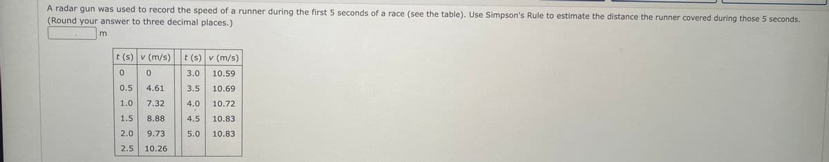 A radar gun was used to record the speed of a runner during the first 5 seconds of a race (see the table). Use Simpson's Rule to estimate the distance the runner covered during those 5 seconds.
(Round your answer to three decimal places.)
m
t (s) v (m/s) t (s) v (m/s)
0
0
10.59
3.0
3.5 10.69
0.5
4.61
1.0
7.32
4.0 10.72
1.5
8.88
4.5 10.83
2.0 9.73
5.0 10.83
2.5 10.26