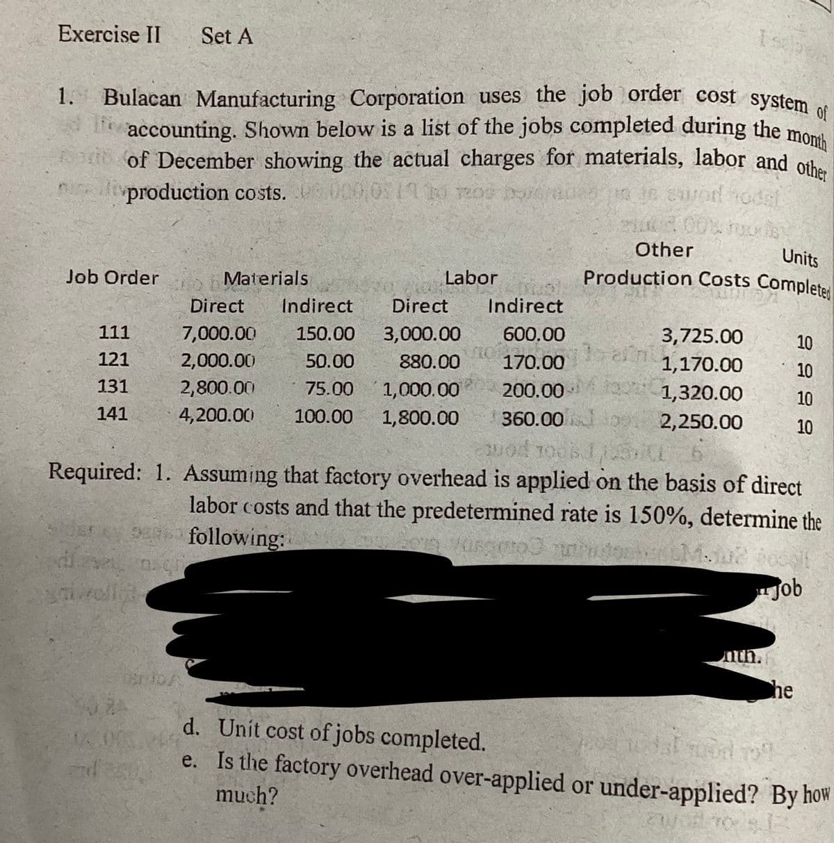 Exercise II Set A
1. Bulacan Manufacturing Corporation uses the job order cost system of
accounting. Shown below is a list of the jobs completed during the month
of December showing the actual charges for materials, labor and other
production costs. 06.0000311 to 7200 by
Job Order
111
121
131
141
તા. ભુટા
Materials
Direct Indirect Direct
7,000.00 150.00
3,000.00
2,000.00
50.00
880.00
2,800.00
75.00
1,000.00
4,200.00
100.00 1,800.00
nch
Labor
TANDA
Units
Production Costs Completed
Other
Indirect
600.00
170.00
200.00 131,320.00
360.000 2,250.00
arm
3,725.00
1,170.00
9999
quod 10061LAL
Required: 1. Assuming that factory overhead is applied on the basis of direct
labor costs and that the predetermined rate is 150%, determine the
following:
vasgeto noth
nth.
10
he
10
10
10
M.2 poogl
Job
d. Unit cost of jobs completed.
dal mood to
e. Is the factory overhead over-applied or under-applied? By how
much?
zw to $1