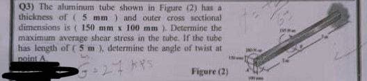 Q3) The aluminum tube shown in Figure (2) has a
thickness of (5 mm) and outer cross sectional
dimensions is ( 150 mm x 100 mm). Determine the
maximum average shear stress in the tube. If the tube
has length of (5 m), determine the angle of twist at
point A
KRS
Figure (2)
H