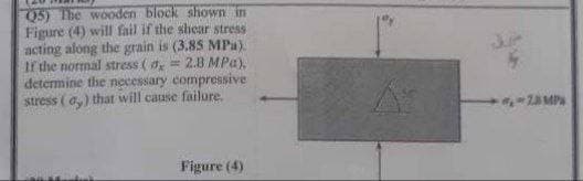 Q5) The wooden block shown in
Figure (4) will fail if the shear stress
acting along the grain is (3.85 MPa).
If the normal stress (d, = 2.8 MPa),
determine the necessary compressive
stress (a) that will cause failure.
Figure (4)