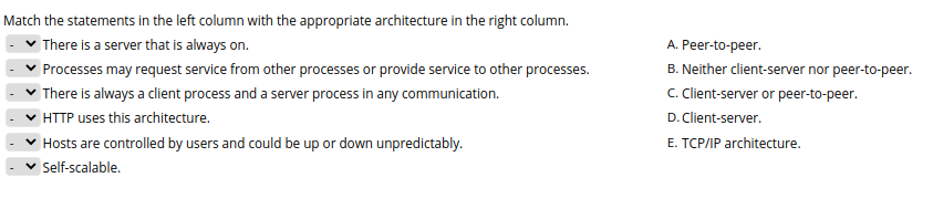 Match the statements in the left column with the appropriate architecture in the right column.
There is a server that is always on.
Processes may request service from other processes or provide service to other processes.
There is always a client process and a server process in any communication.
HTTP uses this architecture.
Hosts are controlled by users and could be up or down unpredictably.
Self-scalable.
A. Peer-to-peer.
B. Neither client-server nor peer-to-peer.
C. Client-server or peer-to-peer.
D. Client-server.
E. TCP/IP architecture.