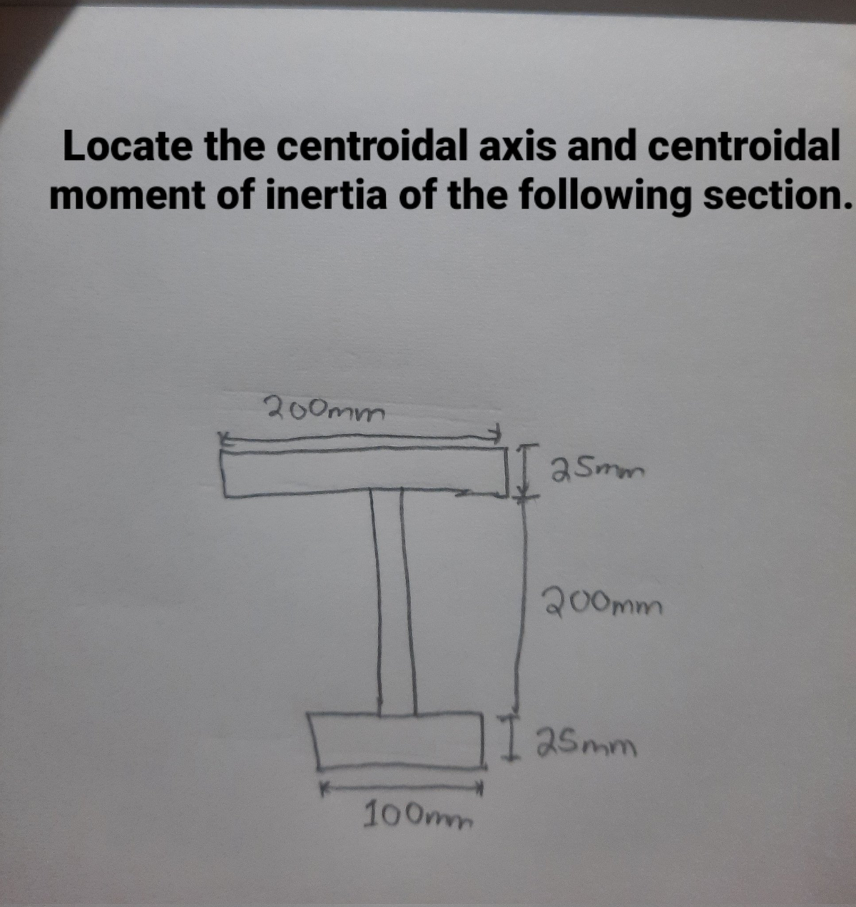 Locate the centroidal axis and centroidal
moment of inertia of the following section.
200mm
aSmm
200mm
1 a5mm
100mm
