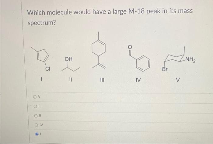 Which molecule would have a large M-18 peak in its mass
spectrum?
OV
O III
Oll
ON
OH
||
|||
IV
Br
V
-NH₂