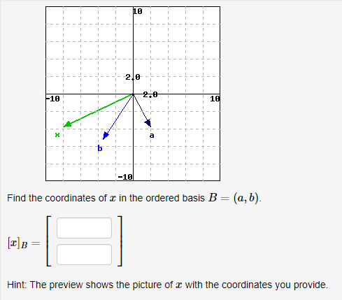 10
2,0
2.0
F10
10
-10
Find the coordinates of x in the ordered basis B = (a, b).
Hint: The preview shows the picture of x with the coordinates you provide.
