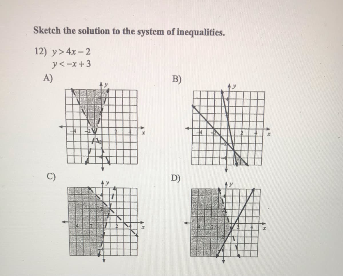 Sketch the solution to the system of inequalities.
12) y> 4x - 2
y<-x+3
A)
B)
D)
