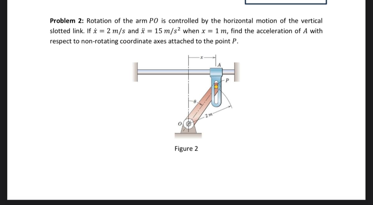 Problem 2: Rotation of the arm PO is controlled by the horizontal motion of the vertical
slotted link. If x = 2 m/s and x = 15 m/s² when x = 1 m, find the acceleration of A with
respect to non-rotating coordinate axes attached to the point P.
Figure 2
2m-