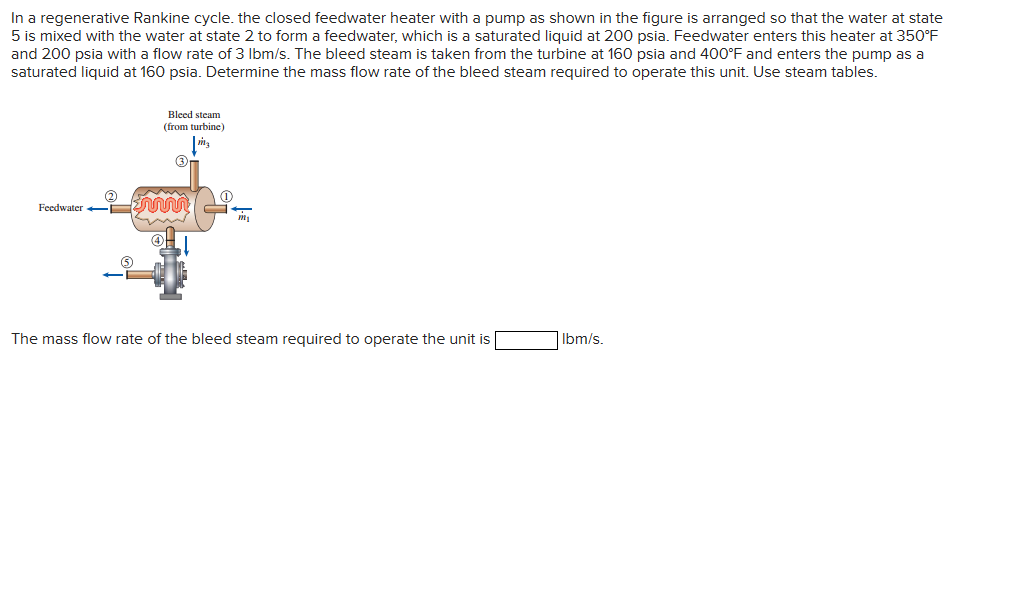 In a regenerative Rankine cycle. the closed feedwater heater with a pump as shown in the figure is arranged so that the water at state
5 is mixed with the water at state 2 to form a feedwater, which is a saturated liquid at 200 psia. Feedwater enters this heater at 350°F
and 200 psia with a flow rate of 3 lbm/s. The bleed steam is taken from the turbine at 160 psia and 400°F and enters the pump as a
saturated liquid at 160 psia. Determine the mass flow rate of the bleed steam required to operate this unit. Use steam tables.
Feedwater
Bleed steam
(from turbine)
1
—¬
The mass flow rate of the bleed steam required to operate the unit is
lbm/s.