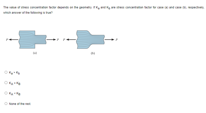 The value of stress concentration factor depends on the geometry. If Ka and Kp are stress concentration factor for case (a) and case (b), respectively,
which answer of the following is true?
Ka > Kb
O KA = KB
KA < KB
None of the rest.
(a)
(b)