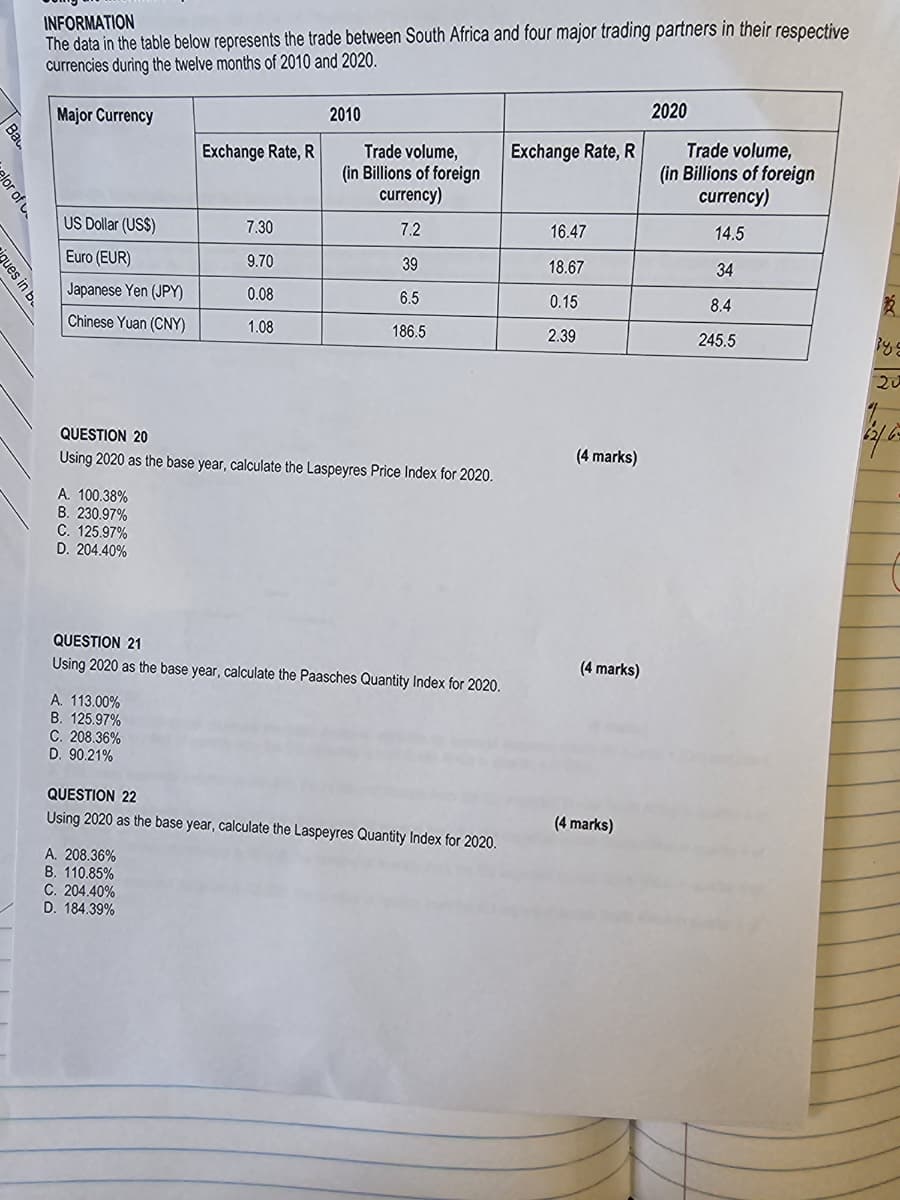 INFORMATION
The data in the table below represents the trade between South Africa and four major trading partners in their respective
currencies during the twelve months of 2010 and 2020.
2020
Major Currency
2010
Exchange Rate, R
Trade volume,
(in Billions of foreign
Exchange Rate, R
Trade volume,
(in Billions of foreign
currency)
US Dollar (US$)
7.30
7.2
16.47
currency)
14.5
Euro (EUR)
9.70
39
18.67
34
Japanese Yen (JPY)
0.08
6.5
0.15
8.4
R
Chinese Yuan (CNY)
1.08
186.5
2.39
245.5
20
Bau
elor of
ques in b
QUESTION 20
Using 2020 as the base year, calculate the Laspeyres Price Index for 2020.
A. 100.38%
B. 230.97%
C. 125.97%
D. 204.40%
(4 marks)
QUESTION 21
(4 marks)
Using 2020 as the base year, calculate the Paasches Quantity Index for 2020.
A. 113.00%
B. 125.97%
C. 208.36%
D. 90.21%
QUESTION 22
(4 marks)
Using 2020 as the base year, calculate the Laspeyres Quantity Index for 2020.
A. 208.36%
B. 110.85%
C. 204.40%
D. 184.39%