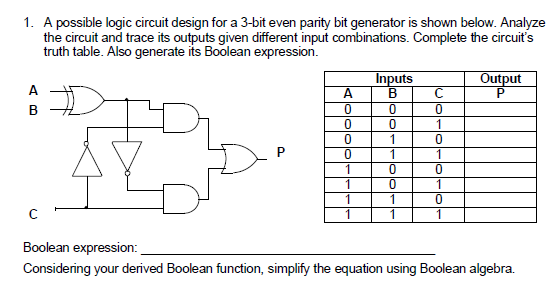 1. A possible logic circuit design for a 3-bit even parity bit generator is shown below. Analyze
the circuit and trace its outputs given different input combinations. Complete the circuit's
truth table. Also generate its Boolean expression.
Inputs
Output
C
A
B
1
1
1
1
1
1
1
1
Boolean expression:
Considering your derived Boolean function, simplify the equation using Boolean algebra.
P.
