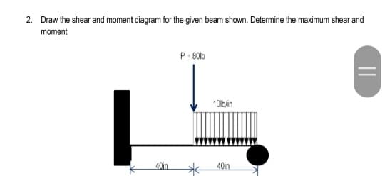 2. Draw the shear and moment diagram for the given beam shown. Determine the maximum shear and
moment
P = 80lb
10lbin
40in
40in
||
