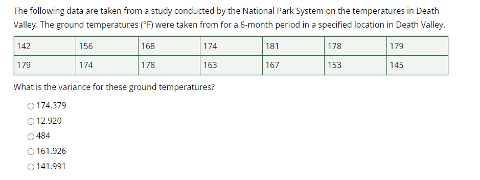 The following data are taken from a study conducted by the National Park System on the temperatures in Death
Valley. The ground temperatures (°F) were taken from for a 6-month period in a specified location in Death Valley.
168
174
178
178
163
153
142
179
156
174
What is the variance for these ground temperatures?
O 174.379
O 12.920
484
O 161.926
O 141.991
181
167
179
145