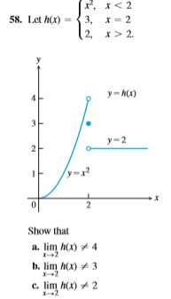 x, x< 2
X = 2
58. Let h(x) -
3,
2, x> 2.
y=h(x)
4
3
y-2
Show that
a. lim h(x) + 4
b. lim h(x) + 3
c. lim h(x) + 2
X-2
