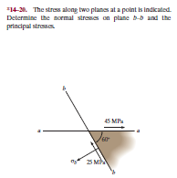 14-20. The stres along two planes at a point is Indicated.
Determine the normal strones on plane -D and the
principal stresses
45 MP.
n
25 MA
