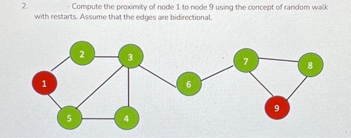 2.
Compute the proximity of node 1 to node 9 using the concept of random walk
with restarts. Assume that the edges are bidirectional.
1
5
2
3
6
7
9
8