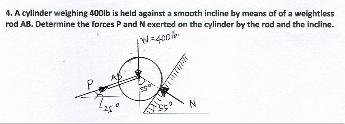 4. A cylinder weighing 400lb is held against a smooth incline by means of of a weightless
rod AB. Determine the forces P and N exerted on the cylinder by the rod and the incline.
A
,ן(ו (וש
