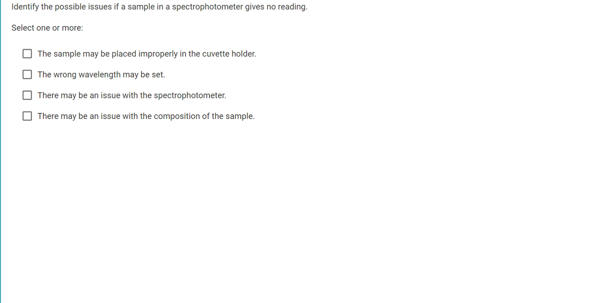 Identify the possible issues if a sample in a spectrophotometer gives no reading.
Select one or more:
The sample may be placed improperly in the cuvette holder.
The wrong wavelength may be set.
There may be an issue with the spectrophotometer.
There may be an issue with the composition of the sample.
