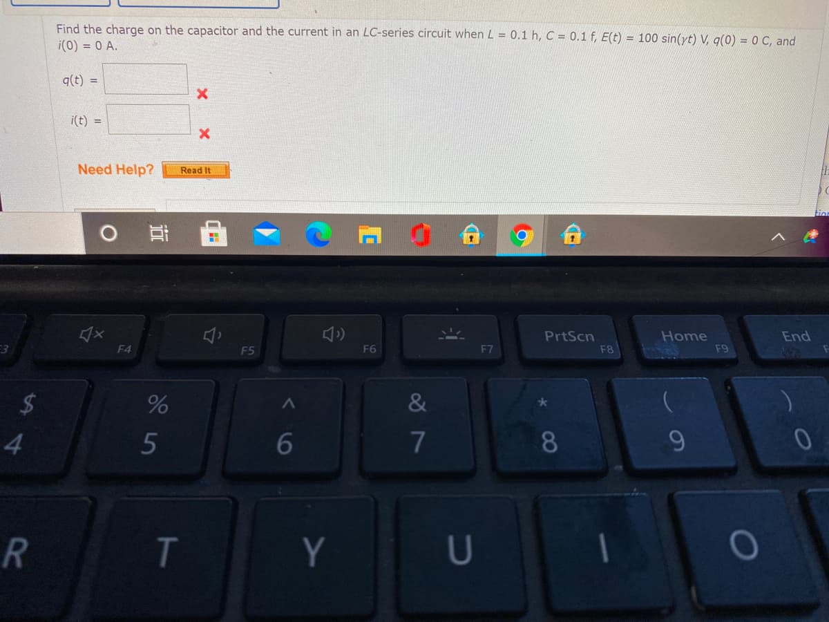 ### LC-Series Circuit Charge and Current Calculation

**Problem Statement:**
Find the charge on the capacitor and the current in an LC-series circuit where:

\[ L = 0.1 \, \text{H}, \]
\[ C = 0.1 \, \text{F}, \]
\[ E(t) = 100 \sin(\gamma t) \, \text{V}, \]
\[ q(0) = 0 \, \text{C}, \]
\[ i(0) = 0 \, \text{A}. \]

**Solution:**

To find the charge \( q(t) \) and the current \( i(t) \) in this LC-series circuit, use the provided equations and the initial conditions.

*Input Fields:*
\[ q(t) = \, (\text{Enter the charge expression here}) \quad \text{(indicated with a red 'X' for incorrect response)} \]
\[ i(t) = \, (\text{Enter the current expression here}) \quad \text{(indicated with a red 'X' for incorrect response)} \]

**Assistance:**
If you need help solving this problem, please click the "Read It" button below.

![Need Help? Button](https://i.imgur.com/1zC66Bb.png)

**Additional Resources:**
--- 
- To understand the fundamentals of LC circuits, review the theoretical derivation of charge and current functions in inductive and capacitive circuits.
- Study the behavior of sinusoidal functions in AC circuits for better comprehension.

Feel free to reach out to the support team if you encounter any difficulties. Happy learning!